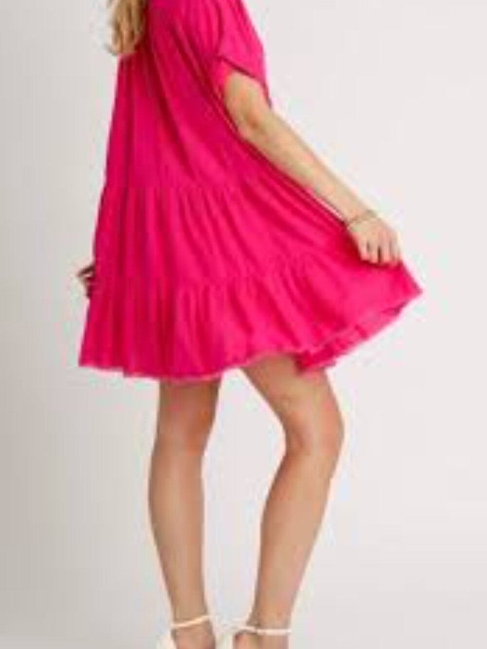 Umgee V-Neck Collared Ruffle Fuchsia Short Sleeve Tiered Tunic Dress Size S Boho - Picture 6 of 14